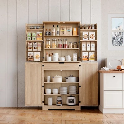 72'' Pantry Cabinet With Doors, Freestanding Tall Rattan Cabinet With 8 Door Shelves, Large Drawer 11 72'' Pantry Cabinet With Doors, Freestanding Tall Rattan Cabinet With 8 Door Shelves, Large Drawer - Image 9