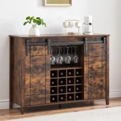 47" Coffee Bar Cabinet W/16 Wine & Glass Rack, Storage Shelves Farmhouse Wine Bar Sideboard W/Sliding Barn Door