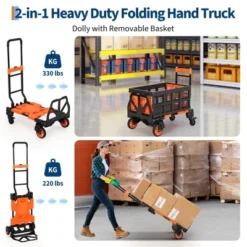 Folding Hand Truck, 2-in-1 Convertible Dolly Cart With Storage Basket, 330LB Capacity, 4 Wheels, Retractable Handle For Moving, Green -House Beautiful GUEST 1859b6b7 cbba 497b bc36 9e022079d73e