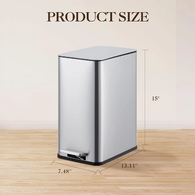 Slim Stainless Steel Step Trash Can, Soft Close Lid, Removable Inner Bucket, Narrow Garbage Bin For Bathroom, Kitchen, Office 3 Slim Stainless Steel Step Trash Can, Soft Close Lid, Removable Inner Bucket, Narrow Garbage Bin For Bathroom, Kitchen, Office