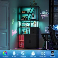 Wine Bar Cabinet With LED Lights, Tall Coffee Bar Station With Power Outlets And Wine Rack -House Beautiful GUEST 18dedb46 deba 4c15 b629 d19ce2ea1093