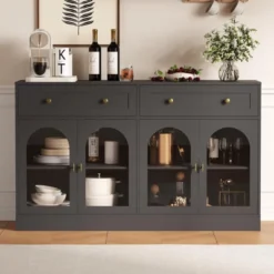 55in Buffet Cabinet With Storage, Farmhouse Sideboard Buffet Cabinet Large Console Coffee Bar Table With 2 Drawers And 4 Acrylic Doors -House Beautiful GUEST 1a079bf8 19a7 4ee5 b2b6 f1ce3681230c