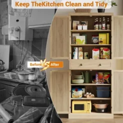 72-Inch Tall Narrow Kitchen Pantry Cabinet With 4 Doors & Drawer, Adjustable Shelves, Farmhouse Wooden Storage Cupboard, Natural Finish 15 72-Inch Tall Narrow Kitchen Pantry Cabinet With 4 Doors & Drawer, Adjustable Shelves, Farmhouse Wooden Storage Cupboard, Natural Finish -House Beautiful GUEST 1a10bcb0 e769 4dfb 8a98 80643821caa7