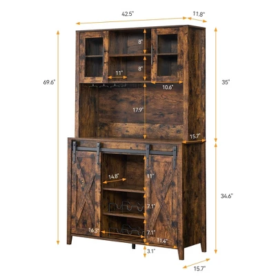 Jojoka 70'' Wine Bar Cabinet With Storage Hutch, Tall Coffee Bar Cabinet With Sliding Barn Doors, Bottle Glasses Rack, Farmhouse Coffee Bar 3 Jojoka 70'' Wine Bar Cabinet With Storage Hutch, Tall Coffee Bar Cabinet With Sliding Barn Doors, Bottle Glasses Rack, Farmhouse Coffee Bar