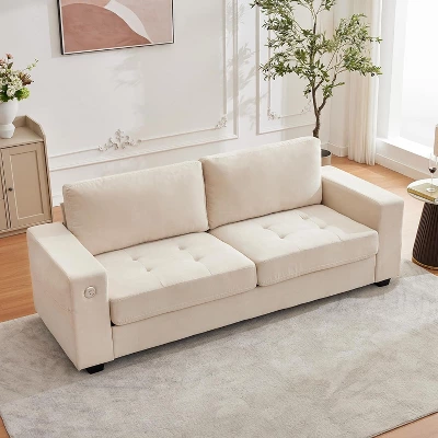 90" Oversized Mid-Century Chenille Cloud Couch – Deep Seat 3-Seater Sofa With USB Charging Ports, Side Pockets & Wood/Iron Frame, Beige 10 90" Oversized Mid-Century Chenille Cloud Couch – Deep Seat 3-Seater Sofa With USB Charging Ports, Side Pockets & Wood/Iron Frame, Beige - Image 8