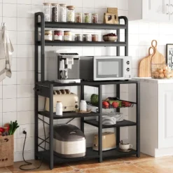 6-Tier Retro Bakers Rack With Power Outlet - Large Freestanding Kitchen Microwave Stand, Open Storage Shelves & Wire Basket, Utility Storage Shelf
