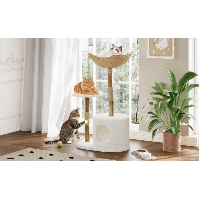 Modern Cat Tree Tower 46-Inch - Solid Wood & Rattan, Cat Tree For Large Cat, Stable Wide Base, Multifunctional Cozy Plush Cat Perches 5 Modern Cat Tree Tower 46-Inch - Solid Wood & Rattan, Cat Tree For Large Cat, Stable Wide Base, Multifunctional Cozy Plush Cat Perches - Image 3