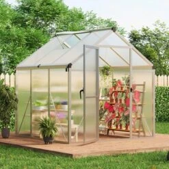 6x6FT Walk In Polycarbonate Greenhouses With Enhanced Aluminum Frame And Roof Vent For Outdoors And Seasons Garden Planting Silver 13 6x6FT Walk In Polycarbonate Greenhouses With Enhanced Aluminum Frame And Roof Vent For Outdoors And Seasons Garden Planting Silver -House Beautiful GUEST 1bb4e56d 032b 4185 b877 8e3de39aa6db