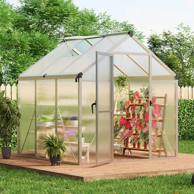 6x6FT Walk In Polycarbonate Greenhouses With Enhanced Aluminum Frame And Roof Vent For Outdoors And Seasons Garden Planting Silver 6 6x6FT Walk In Polycarbonate Greenhouses With Enhanced Aluminum Frame And Roof Vent For Outdoors And Seasons Garden Planting Silver - Image 4