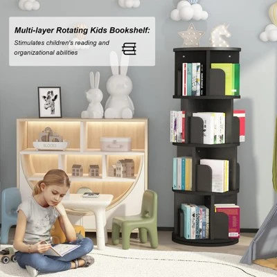 Rotating Bookshelf, 4-Tier Bookcase Storage Rack For Kids & Adults, Corner Spinning Book Shelf For Small Space, Wood Revolving Bookcase Organizer 4 Rotating Bookshelf, 4-Tier Bookcase Storage Rack For Kids & Adults, Corner Spinning Book Shelf For Small Space, Wood Revolving Bookcase Organizer - Image 2