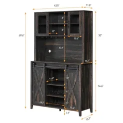 Jojoka 70" Wine Coffee Bar Cabinet With Storage Hutch, Kitchen Pantry Liquor Cabinet With Sliding Barn Doors, Bottle Glasses Rack, Farmhouse Buffet