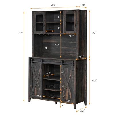 Jojoka 70" Wine Coffee Bar Cabinet With Storage Hutch, Kitchen Pantry Liquor Cabinet With Sliding Barn Doors, Bottle Glasses Rack, Farmhouse Buffet 3 Jojoka 70" Wine Coffee Bar Cabinet With Storage Hutch, Kitchen Pantry Liquor Cabinet With Sliding Barn Doors, Bottle Glasses Rack, Farmhouse Buffet