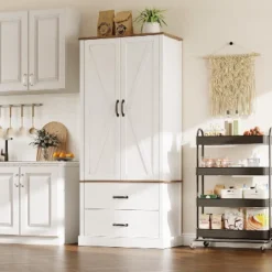 Farmhouse Kitchen Pantry Cabinet,Wood Kitchen Cabinet With Barn Door,Drawers And Adjustable Shelf -House Beautiful GUEST 1d66e8d9 92df 4b5d 8b81 0b2e7065b391