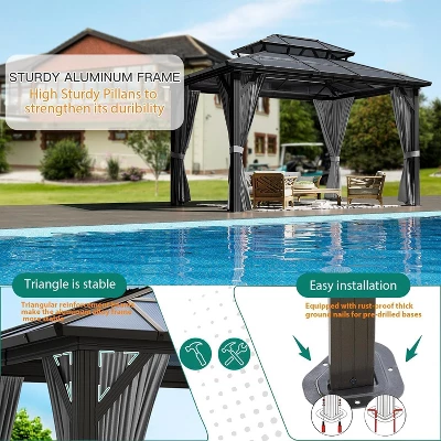 10' X 12' Hardtop Gazebo, Metal Gazebo Aluminum Frame Double Galvanized Steel Roof Curtains And Netting Included Pergolas For Patios Garden Parties 5 10' X 12' Hardtop Gazebo, Metal Gazebo Aluminum Frame Double Galvanized Steel Roof Curtains And Netting Included Pergolas For Patios Garden Parties - Image 3