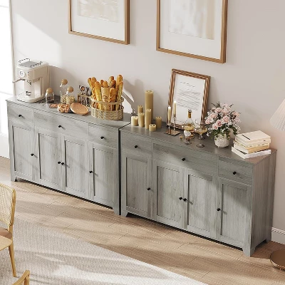 55" Sideboard Buffet Cabinet With Storage, Minimalist Kitchen Storage Cabinet With 3 Drawers & 4 Doors, Farmhouse Buffet Console Table Coffee Bar 10 55" Sideboard Buffet Cabinet With Storage, Minimalist Kitchen Storage Cabinet With 3 Drawers & 4 Doors, Farmhouse Buffet Console Table Coffee Bar - Image 8