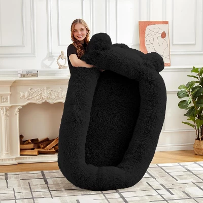 Human Size Dog Bed With Blanket, 2 Side Storage Pockets And Portable Handle, Removable Cover 5 Human Size Dog Bed With Blanket, 2 Side Storage Pockets And Portable Handle, Removable Cover - Image 3