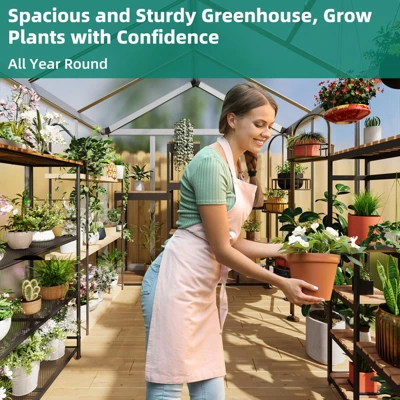 6x8x6.5 Ft Walk-in Greenhouse Large Aluminum Sealed Card Slot Polycarbonate With Roof Vent For Outside Garden Backyard 3 6x8x6.5 Ft Walk-in Greenhouse Large Aluminum Sealed Card Slot Polycarbonate With Roof Vent For Outside Garden Backyard