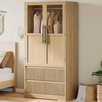 Bedroom Wooden Armoire Wardrobe Closet, Wardrobe Armoire Cabinet With Wood Doors And 2 Drawers, Freestanding Cabinet With Shelves 9 Bedroom Wooden Armoire Wardrobe Closet, Wardrobe Armoire Cabinet With Wood Doors And 2 Drawers, Freestanding Cabinet With Shelves - Image 8