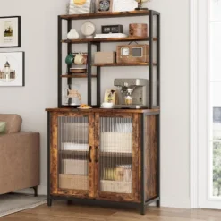 Bakers Rack With Cabinet, 5 Tier Microwave Stand 63.78", Baker Rack With Fluted Door Large Kitchen Oven Stand Tall Bar Cabinet, Retro Brown 11 Bakers Rack With Cabinet, 5 Tier Microwave Stand 63.78", Baker Rack With Fluted Door Large Kitchen Oven Stand Tall Bar Cabinet, Retro Brown -House Beautiful GUEST 20b093bf fd84 4e99 a186 683a1cd48cdb