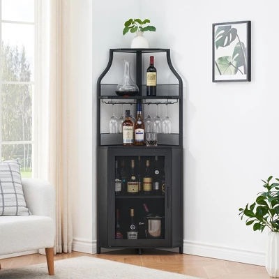 Corner Wine Cabinet With Detachable Wine Rack, 5-Tier Industrial Corner Bar Cabinet With Barn Door And Glass Holder 10 Corner Wine Cabinet With Detachable Wine Rack, 5-Tier Industrial Corner Bar Cabinet With Barn Door And Glass Holder - Image 8
