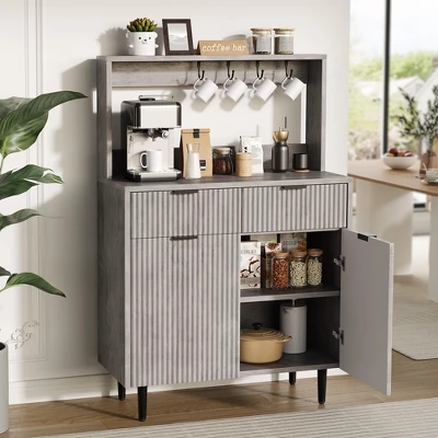 Fluted Sideboard Buffet Cabinet With Storage, Modern Coffee Bar Cabinet With Adjustable Shelves & 2 Drawers, Wood Buffet Console Table 11 Fluted Sideboard Buffet Cabinet With Storage, Modern Coffee Bar Cabinet With Adjustable Shelves & 2 Drawers, Wood Buffet Console Table - Image 9
