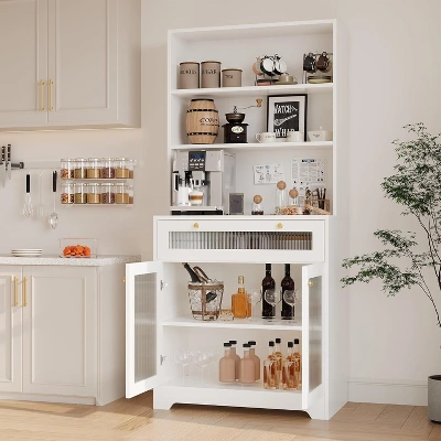 Kitchen Pantry Cabinet,Freestanding Hutch Cupboard With Large Countertop, Glass Doors, Drawer 3 Kitchen Pantry Cabinet,Freestanding Hutch Cupboard With Large Countertop, Glass Doors, Drawer