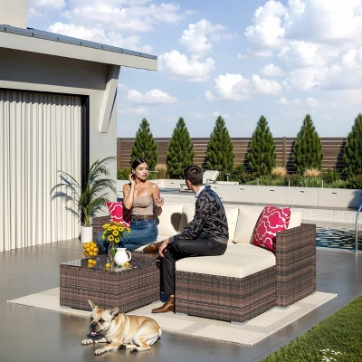 5 Piece Outdoor Patio Sofa Set With Glass Coffee Table, PE Wicker Conversation Furniture For Garden, Backyard, Poolside 8 5 Piece Outdoor Patio Sofa Set With Glass Coffee Table, PE Wicker Conversation Furniture For Garden, Backyard, Poolside - Image 6