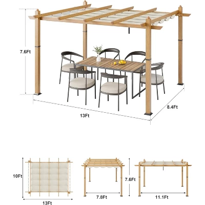 10x10ft Outdoor Aluminum Pergola Retractable UPF 50+ Waterproof Canopy, Wood Grain Frame, Tool-Free Assembly 4 10x10ft Outdoor Aluminum Pergola Retractable UPF 50+ Waterproof Canopy, Wood Grain Frame, Tool-Free Assembly - Image 2