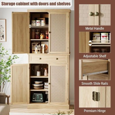 Jojoka Kitchen Pantry Cabinet,72'' Tall Freestanding Kitchen Food Pantry Cabinet With A Drawer,Rattan Doors,Natural 5 Jojoka Kitchen Pantry Cabinet,72'' Tall Freestanding Kitchen Food Pantry Cabinet With A Drawer,Rattan Doors,Natural - Image 3
