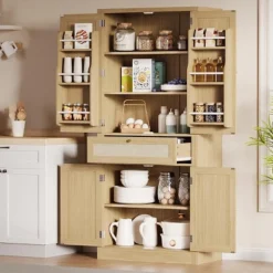 70" Tall Kitchen Pantry Cabinet, Handwoven Rattan Doors, Adjustable Shelves, 1 Drawer, Storage Cupboard, Oak Finish 14 70" Tall Kitchen Pantry Cabinet, Handwoven Rattan Doors, Adjustable Shelves, 1 Drawer, Storage Cupboard, Oak Finish -House Beautiful GUEST 2296fb81 1551 4a7e a118 e7fea1194df0