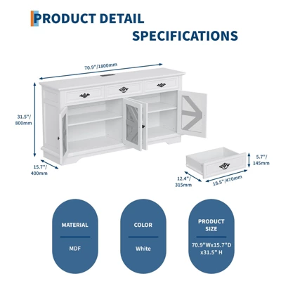 63" Buffet Cabinet, Coffee Bar Cabinet With 3 Drawers, Adjustable Shelves, Charging Station And 4 Mesh Barn Doors, Sideboard Storage Buffet Table 3 63" Buffet Cabinet, Coffee Bar Cabinet With 3 Drawers, Adjustable Shelves, Charging Station And 4 Mesh Barn Doors, Sideboard Storage Buffet Table
