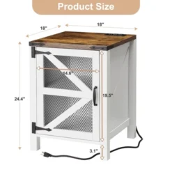 Nightstand With Charging Station, 18" Farmhouse Night Stand End Table With Barn Door, Rustic Wood Sofa Side Table With Storage