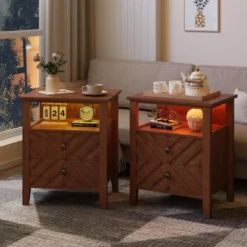 Night Stand With 2 Storage Drawers, Farmhouse Nightstand W/V-Shaped Design & Open Storage Shelf, Wooden Rustic Bedside Table -House Beautiful GUEST 2304ba7b 9036 41af a3a9 0f128465be53