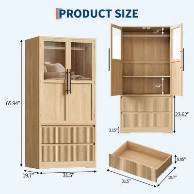 Bedroom Wooden Armoire Wardrobe Closet, Wardrobe Armoire Cabinet With Wood Doors And 2 Drawers, Freestanding Cabinet With Shelves 2 Bedroom Wooden Armoire Wardrobe Closet, Wardrobe Armoire Cabinet With Wood Doors And 2 Drawers, Freestanding Cabinet With Shelves