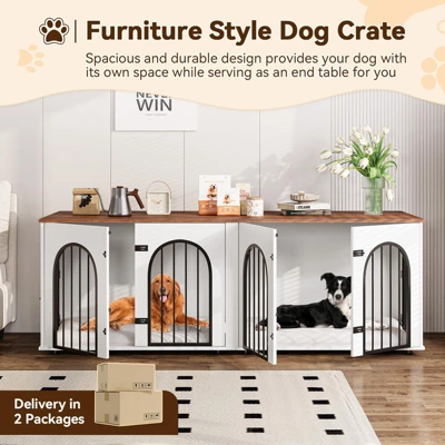 71" Large Dog Crate Furniture For 2 Dogs, Wooden Double Dog Crate With Door, Indoor Dog Kennel TV Stand With Divider And Cushion 5 71" Large Dog Crate Furniture For 2 Dogs, Wooden Double Dog Crate With Door, Indoor Dog Kennel TV Stand With Divider And Cushion - Image 3