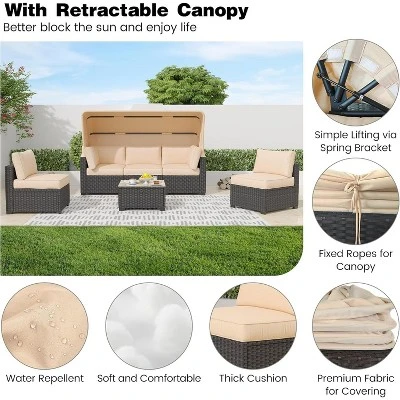 Patio Furniture Set, 6pcs Outdoor Rattan Wicker Furniture With Canopy, Outdoor Sectional Sofa And Table With Storage, Patio Conversation Sets 6 Patio Furniture Set, 6pcs Outdoor Rattan Wicker Furniture With Canopy, Outdoor Sectional Sofa And Table With Storage, Patio Conversation Sets - Image 4