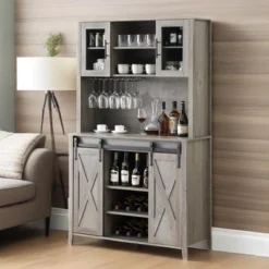 Farmhouse Coffee Bar Cabinet, Sliding Barn Doors Wine Bar Cabinet With Storage Shelves -House Beautiful GUEST 25acf458 3af3 41da aeb0 47ef556812f6