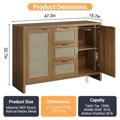 Modern Rattan Buffet Cabinet Sideboard With Storage,47" Boho Credenza Buffet Console Table With Drawers&Doors,Wooden Coffee Bar Cabinet 3 Modern Rattan Buffet Cabinet Sideboard With Storage,47" Boho Credenza Buffet Console Table With Drawers&Doors,Wooden Coffee Bar Cabinet