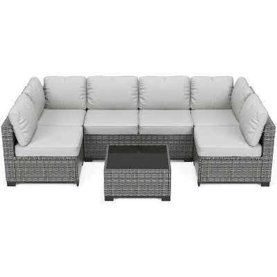 7-Piece Wicker Patio Sofa Set, Outdoor Sectional Couches With Coffee Table And Cushions For Garden And Porch 14 7-Piece Wicker Patio Sofa Set, Outdoor Sectional Couches With Coffee Table And Cushions For Garden And Porch - Image 12