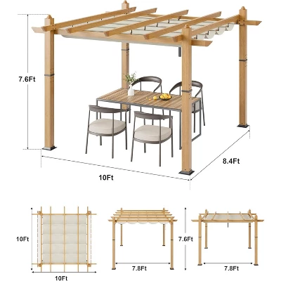 10x10ft Outdoor Aluminum Pergola Retractable UPF50+ Waterproof Canopy, Wood Grain Frame, Tool-Free Assembly, Off-White Curtains 4 10x10ft Outdoor Aluminum Pergola Retractable UPF50+ Waterproof Canopy, Wood Grain Frame, Tool-Free Assembly, Off-White Curtains - Image 2