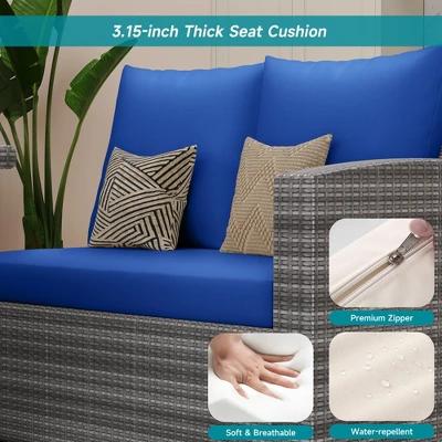 7-Piece Outdoor Wicker Sofa Set With Cushions And Glass Table, Sectional Patio Conversation Furniture For Backyard And Balcony, Grey And Blue 6 7-Piece Outdoor Wicker Sofa Set With Cushions And Glass Table, Sectional Patio Conversation Furniture For Backyard And Balcony, Grey And Blue - Image 4