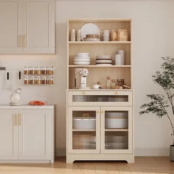 Kitchen Pantry Cabinet, 62-Inch Freestanding Storage Cupboard With 5-Tier Shelf, Drawer,2 Glass Doors & Adjustable Shelves -House Beautiful GUEST 28e94188 92c5 485c 8f5e b3074cceeb51 1