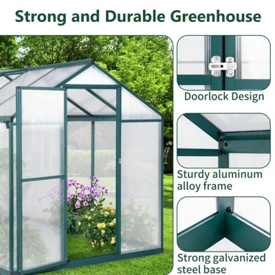 6 X 8FT Polycarbonate Walk-In Greenhouse With Lockable Doors Adjustable Vent Window Heavy Duty Aluminum Frame Outdoor Garden 9 6 X 8FT Polycarbonate Walk-In Greenhouse With Lockable Doors Adjustable Vent Window Heavy Duty Aluminum Frame Outdoor Garden - Image 7