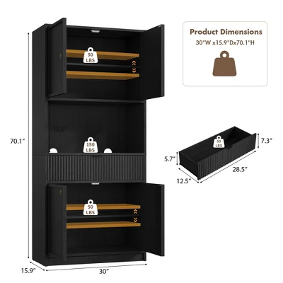 Kitchen Pantry Cabinet, 70" Tall Pantry Storage Cabinet With Countertop, Fluted Tall Cabinets With Doors And Drawer, Freestanding Cupboard 4 Kitchen Pantry Cabinet, 70" Tall Pantry Storage Cabinet With Countertop, Fluted Tall Cabinets With Doors And Drawer, Freestanding Cupboard - Image 2