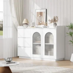 Sideboard Buffet Cabinet With Glass Doors, 48" Large Kitchen Buffet Table With 3 Drawers, Coffee Bar Storage Cabinet -House Beautiful GUEST 2a02facc 04d1 40ee b85d 579fe1ca0229
