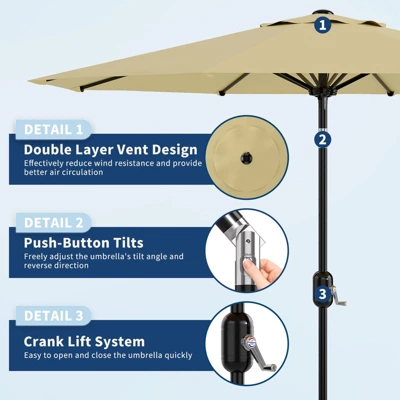 9Ft UV Resistant Patio Umbrella, 8 Sturdy Ribs Outdoor Table Umbrella With Easy Push Button Tilt, Market Umbrella For Pool, Yard & Garden 4 9Ft UV Resistant Patio Umbrella, 8 Sturdy Ribs Outdoor Table Umbrella With Easy Push Button Tilt, Market Umbrella For Pool, Yard & Garden - Image 2