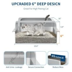 Stainless Steel Cat Litter Box 8/6 Inch, XXL Large Cat Litter Tray With High Side, Platform Step And Scoop For Big Cats Multiple Cats