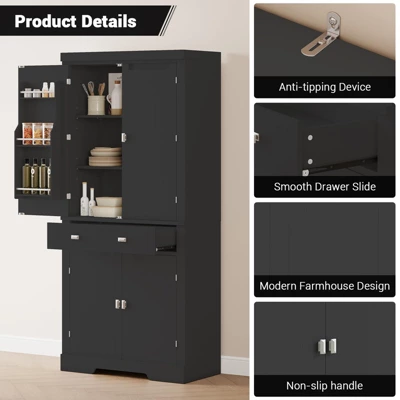 Kitchen Pantry Cabinet, 72" High Freestanding Tall Storage Cabinet With 6 Door Shelves, 2 Cabinets, 4 Adjustable Shelves And 1 Drawer 5 Kitchen Pantry Cabinet, 72" High Freestanding Tall Storage Cabinet With 6 Door Shelves, 2 Cabinets, 4 Adjustable Shelves And 1 Drawer - Image 3
