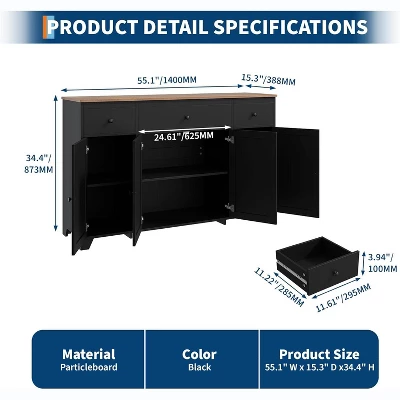 55" Sideboard Buffet Cabinet With Storage, Minimalist Kitchen Storage Cabinet With 3 Drawers & 4 Doors, Farmhouse Buffet Console Table Coffee Bar 5 55" Sideboard Buffet Cabinet With Storage, Minimalist Kitchen Storage Cabinet With 3 Drawers & 4 Doors, Farmhouse Buffet Console Table Coffee Bar - Image 3