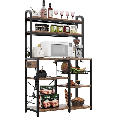 6-Tier Retro Bakers Rack With Power Outlet - Large Freestanding Kitchen Microwave Stand, Open Storage Shelves & Wire Basket, Utility Storage Shelf 12 6-Tier Retro Bakers Rack With Power Outlet - Large Freestanding Kitchen Microwave Stand, Open Storage Shelves & Wire Basket, Utility Storage Shelf - Image 10